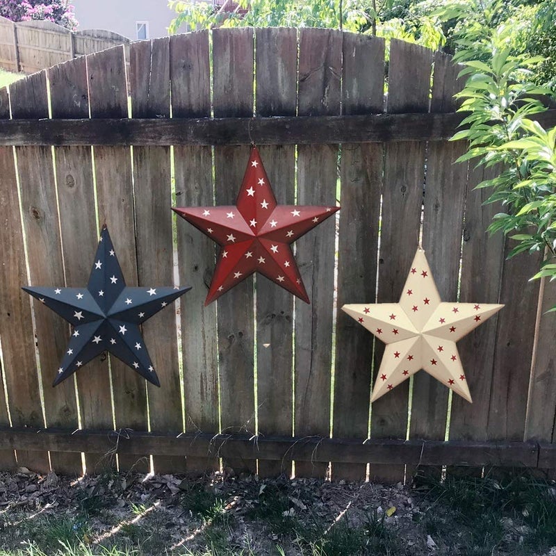 WHY Decor Metal Barn Star Set of 3, American Patriotic American Flag Wall Decoration Outdoor Indoor Hanging Wall Art 4th of July Memorial Day Veterans Day Gift for Man Star Ornament Home Decor 12"(A) - Image 4